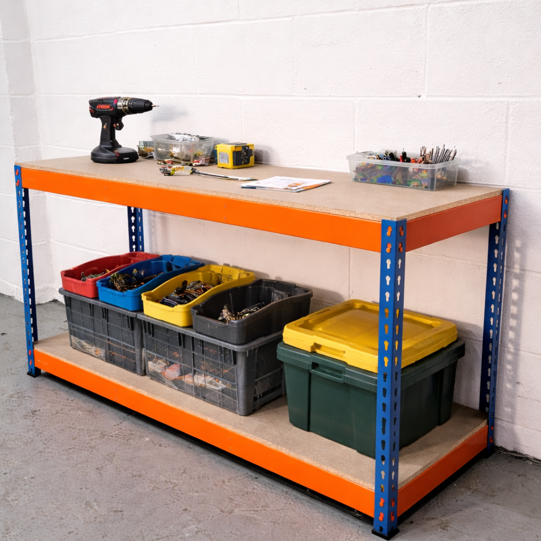 Industrial workbenches and stations in a workshop environment